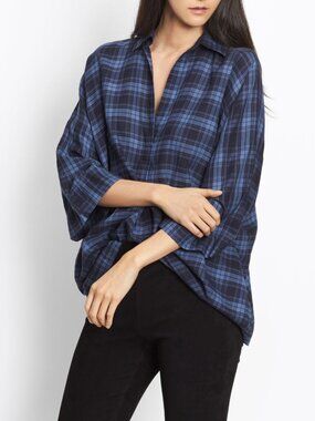 Vince Plaid Cotton Oversized Pullover Blouse Coastal Navy Blue NWT XS $275